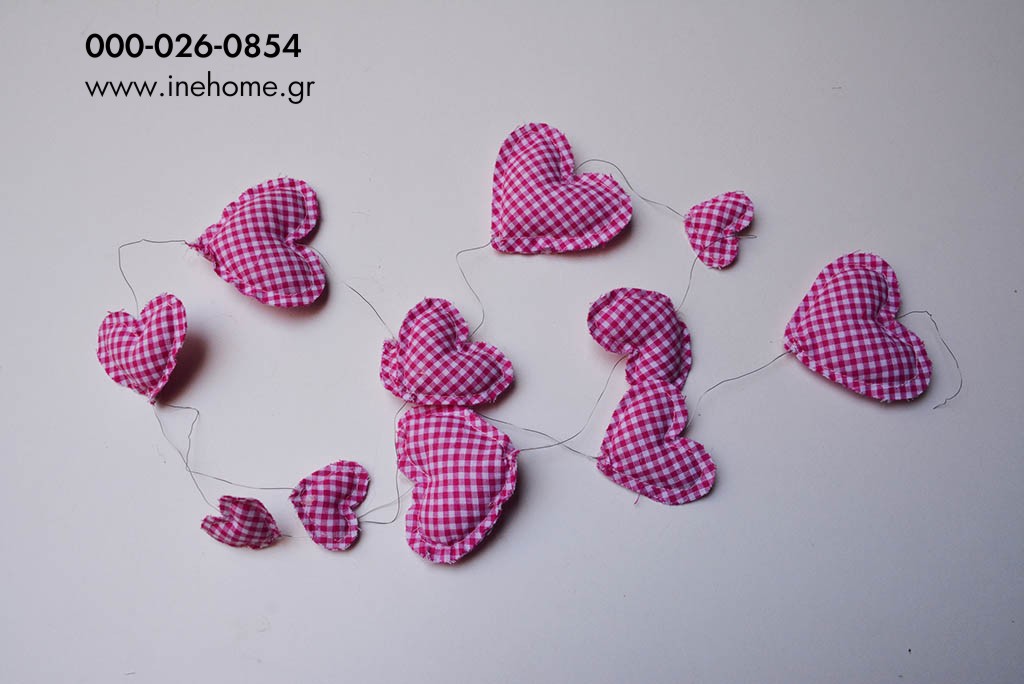 WIRE GARLAND CHECHED FABRIC HEARTS  4-8cm 1m