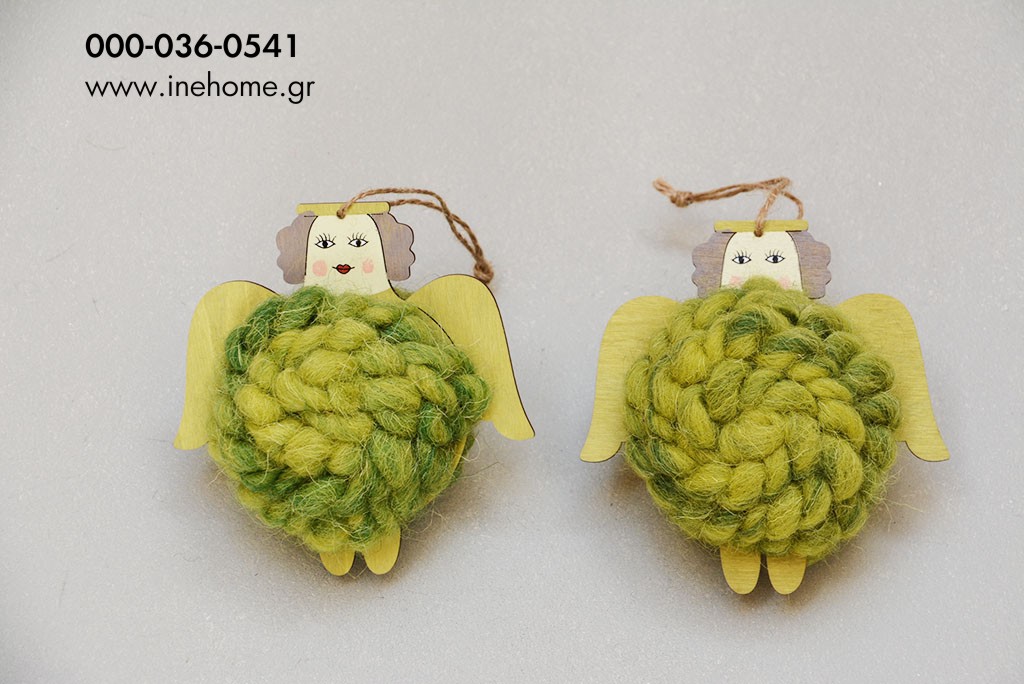 WOODEN-WOOLEN ANGEL HANGER 12 CM GREEN