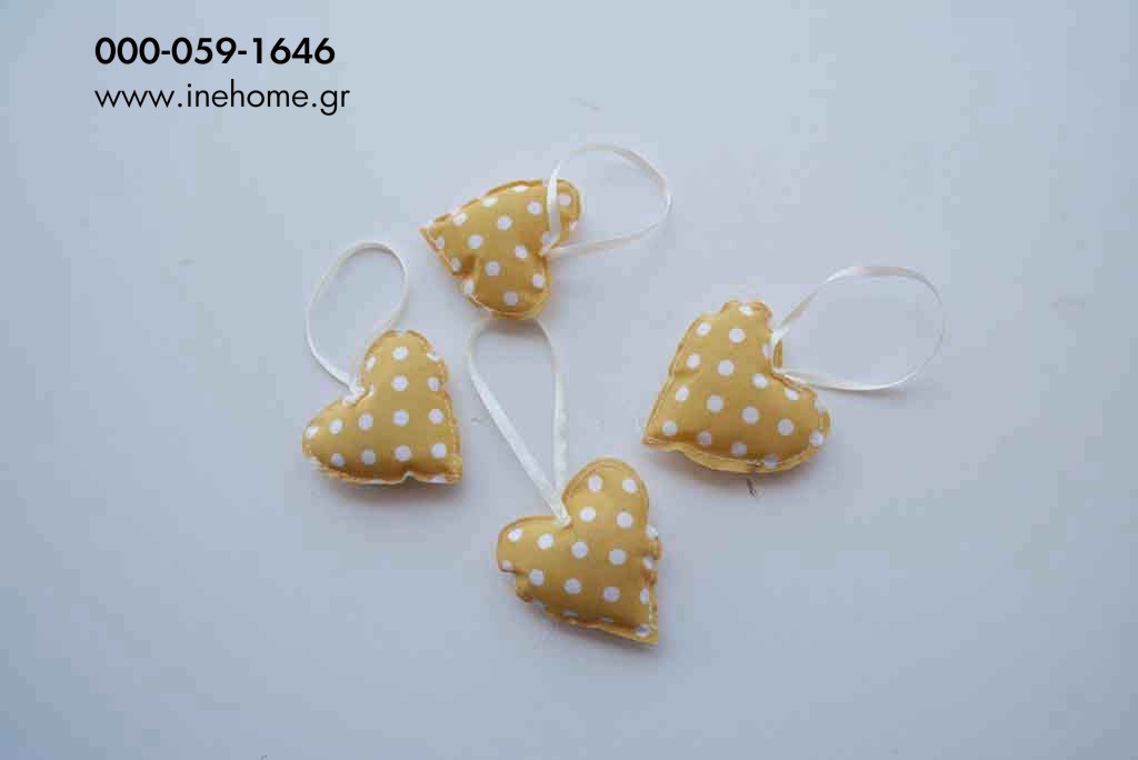 TEXTILE HEART ON STRING DOTS SET4 6CM