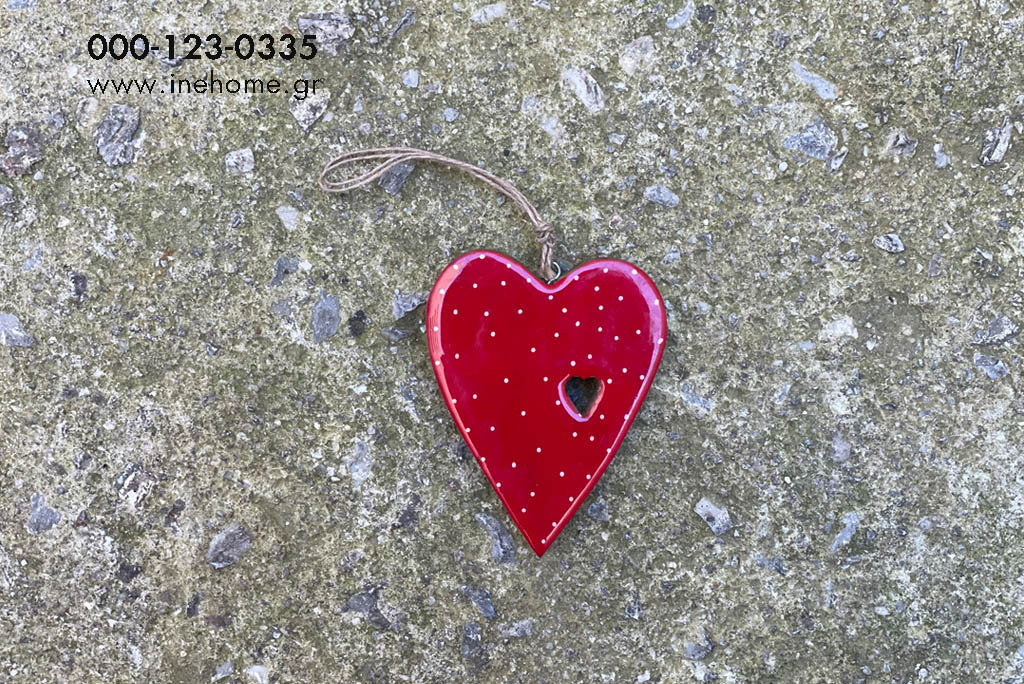 HEART WOODEN RED WITH DOTS 12CM