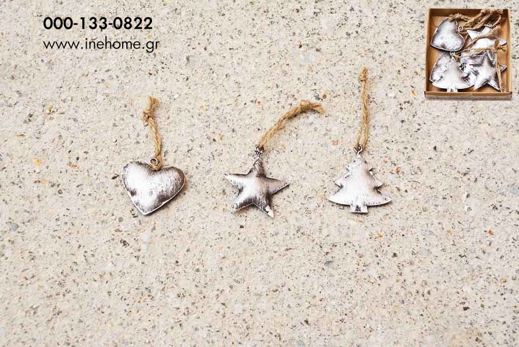 HEART STAR TREE SET6 METAL SILVER 4CM