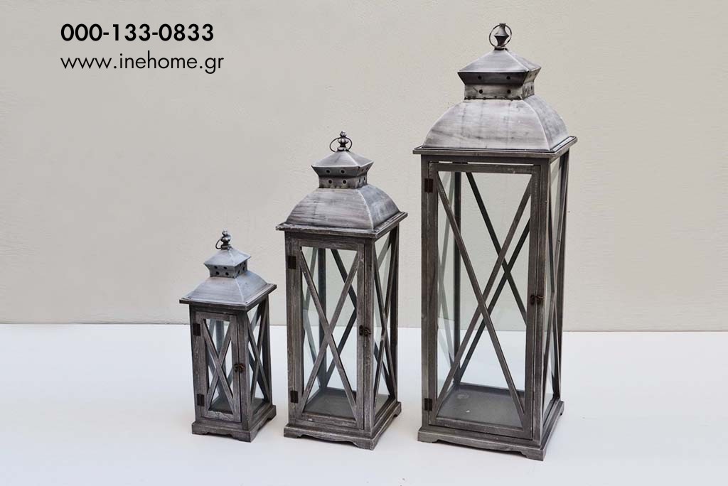 LANTERN SET3 WOOD-METAL GREY 34-34-110/26-26-80/20-20-55CM