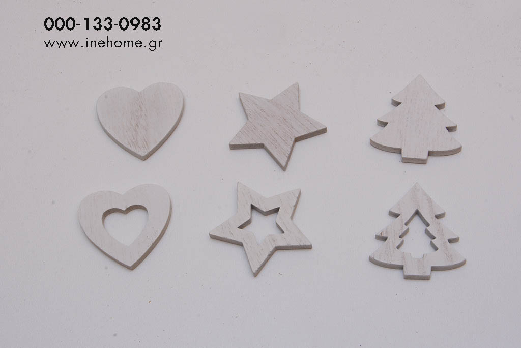 HEART STAR TREE SET12WOODEN WHITE 5CM