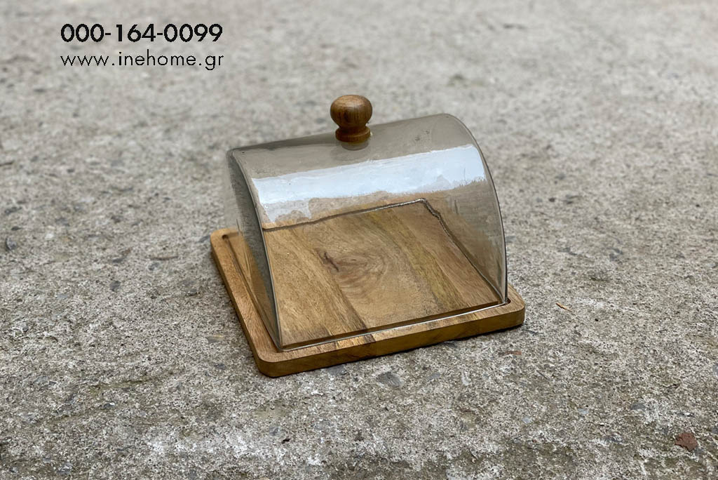 GLASS BELL WITH WOODEN TRAY 24-24-19CM