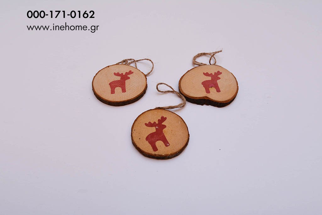 WOODEN SLICE SET6 WITH DEER 5.5CM