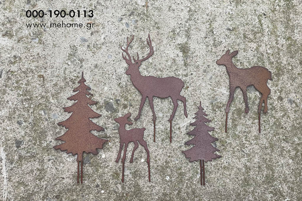 DEER FAMILY WITH TREES SET5 METAL 15CM